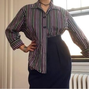 70s / 80s Disco Style Striped Blouse / Button-Up